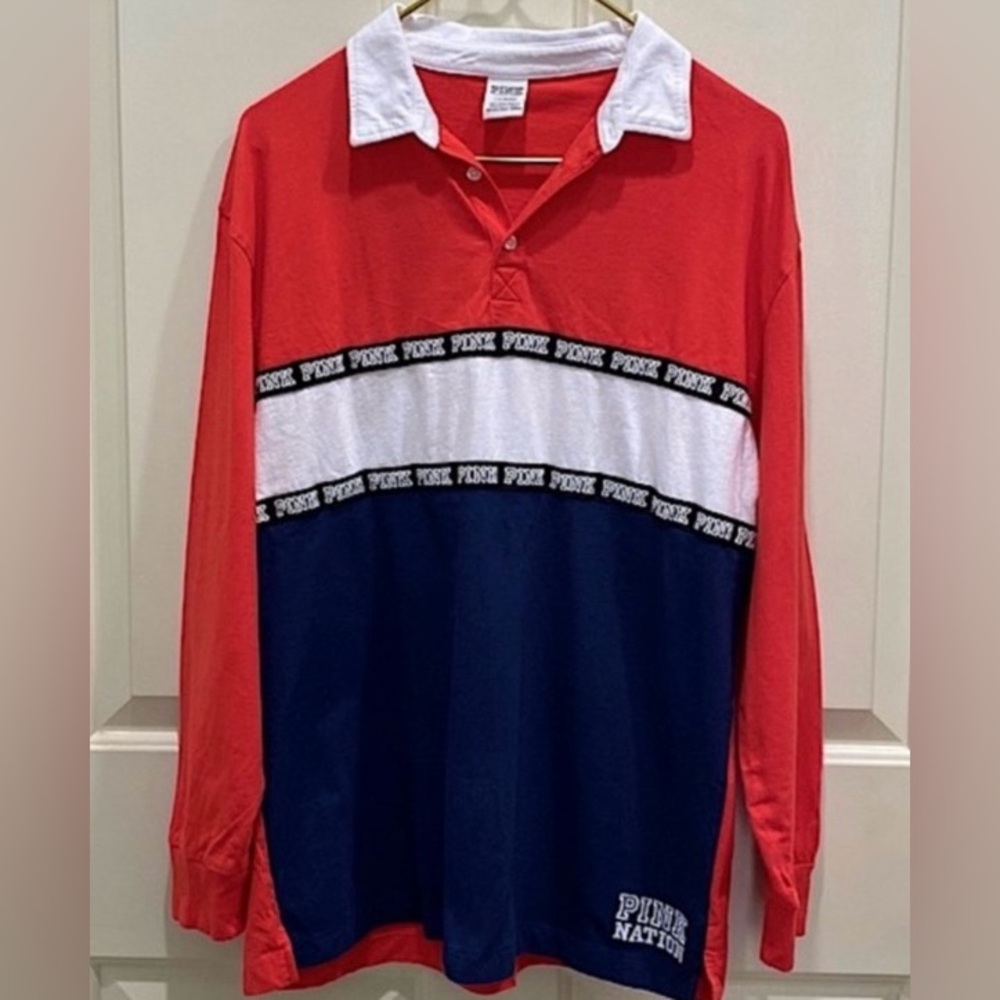 PINK Victoria’s Secret Rugby Polo Red White Blue L Collegiate Preppy Chic Shirt